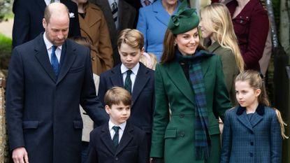 Prince William, Prince Louis, Prince George, Catherine, Princess of Wales and Princess Charlotte attend the Christmas Morning Service 2024