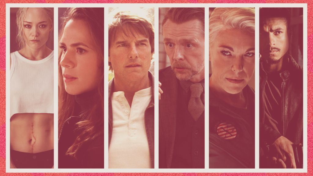 From left to right, the image shows Pom Klementieff, Hayley Atwell, Tom Cruise, Simon Pegg, Hannah Waddingham, and Tarzan Greg Davis, in character in the latest Mission Impossible film