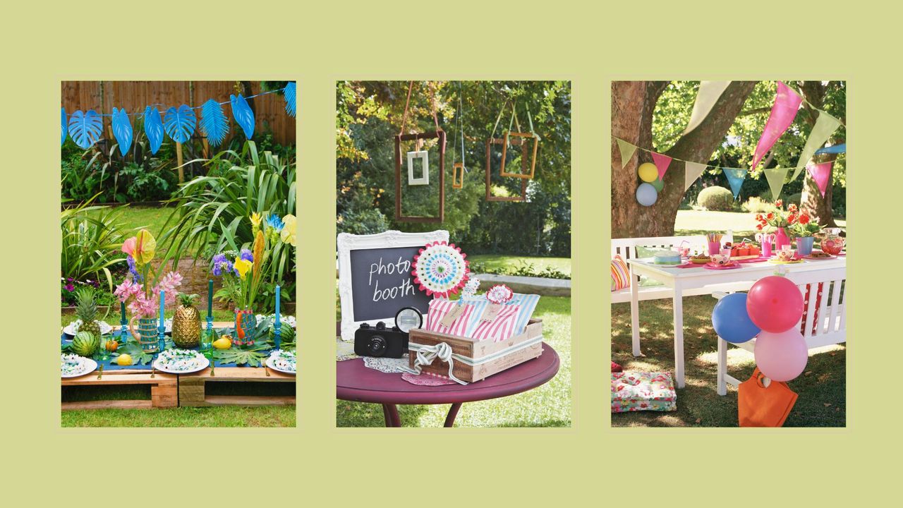 collage of three garden party ideas with bunting, photo booth and balloons all on a green background