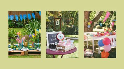 collage of three garden party ideas with bunting, photo booth and balloons all on a green background