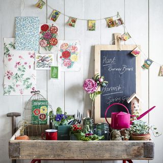 gardening equipments with flower pots and cards