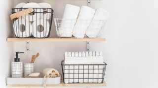 Bathroom items in storage boxes