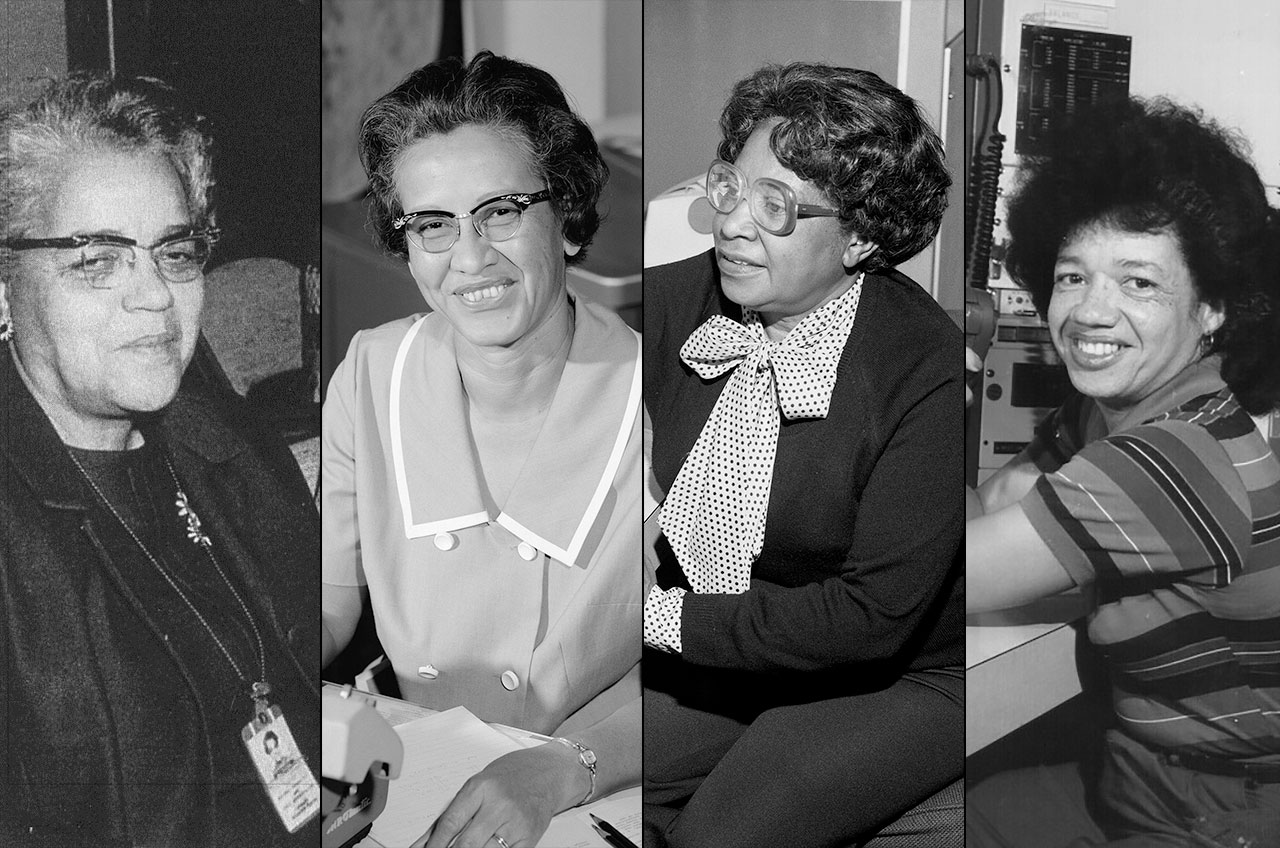 composite black-and-white photo showing four smiling, well-dressed older women