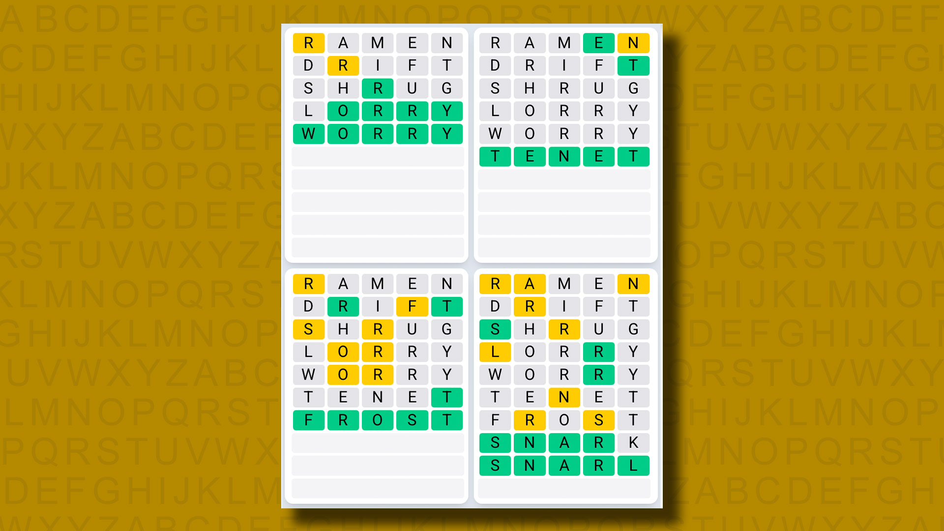 Quordle Daily Sequence answers for game 1295 on a yellow background