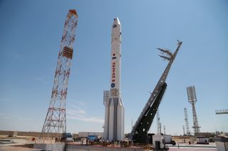 A Russian Proton M rocket carrying the new Nauka multipurpose research module for the International Space Station stands atop its pad at Baikonur Cosmodrome, Kazakhstan ahead of a July 21, 2021 launch.