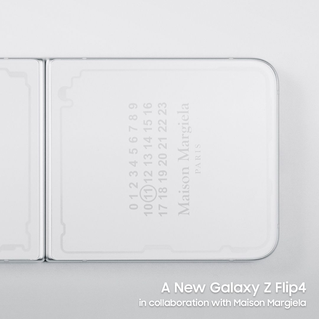 The back panel of the Samsung x Masion Margiela Galaxy Z Flip 4 on a white background