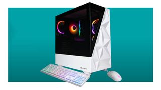 CyberPowerPC Gamer Xtreme gaming PC with mouse and keyboard on a blue background