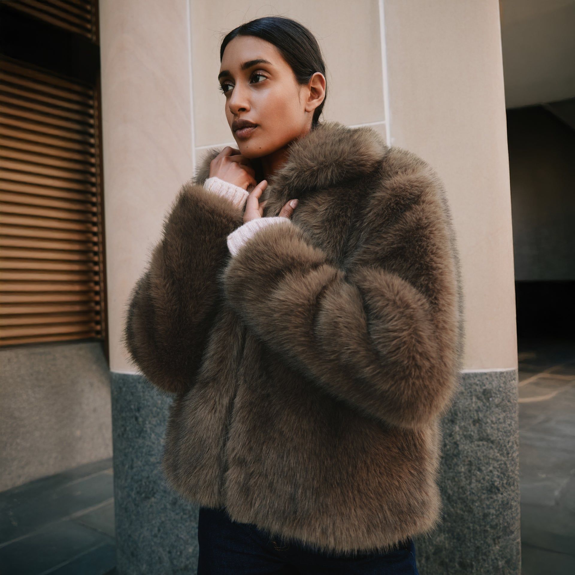 Brown Faux Fur Jacket - Small (8-10)