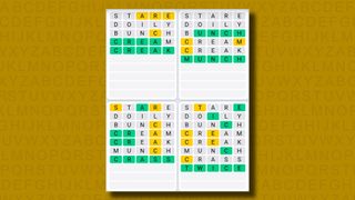 Quordle Daily Sequence answers for game 974 on a yellow background