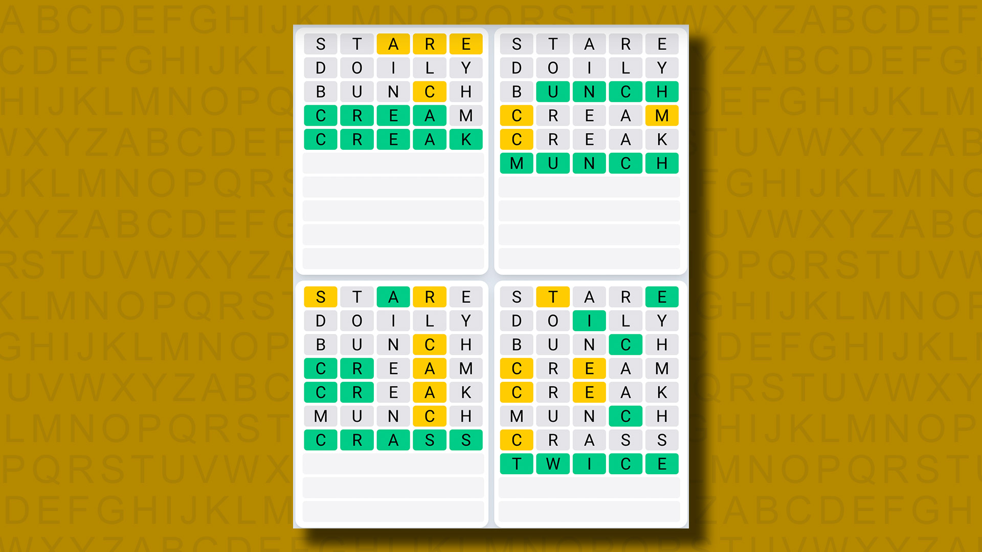 Quordle Daily Sequence answers for game 974 on a yellow background