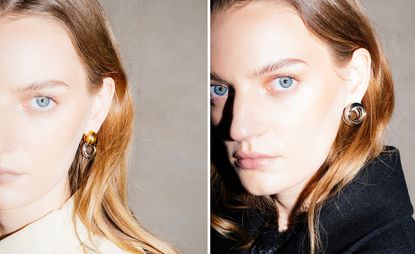 two side by side images of woman wearing hoop earrings