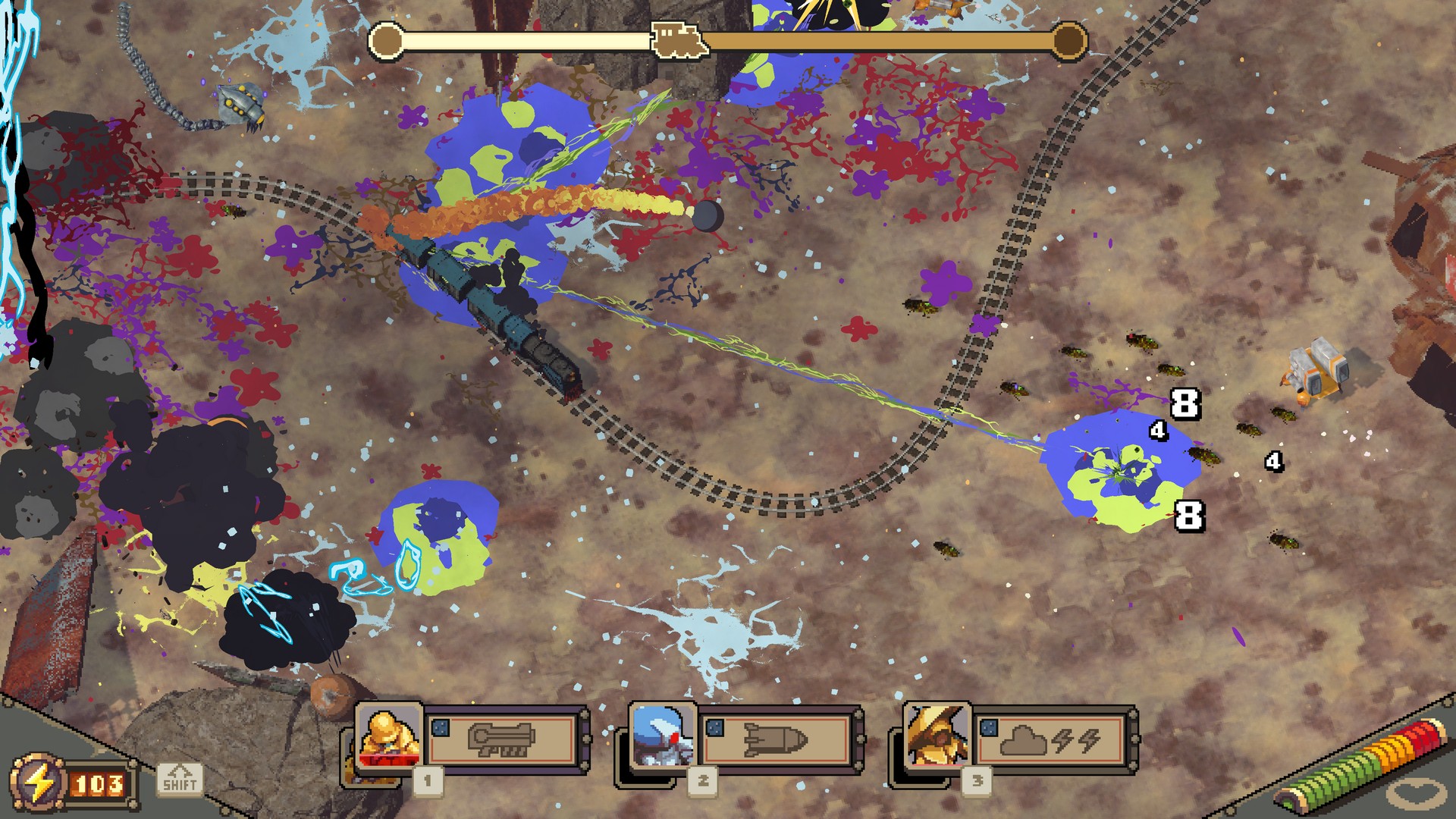The trains rides through the Graveyard in Journey mode in Australia Did It, enemies splattering into colors all across the screen