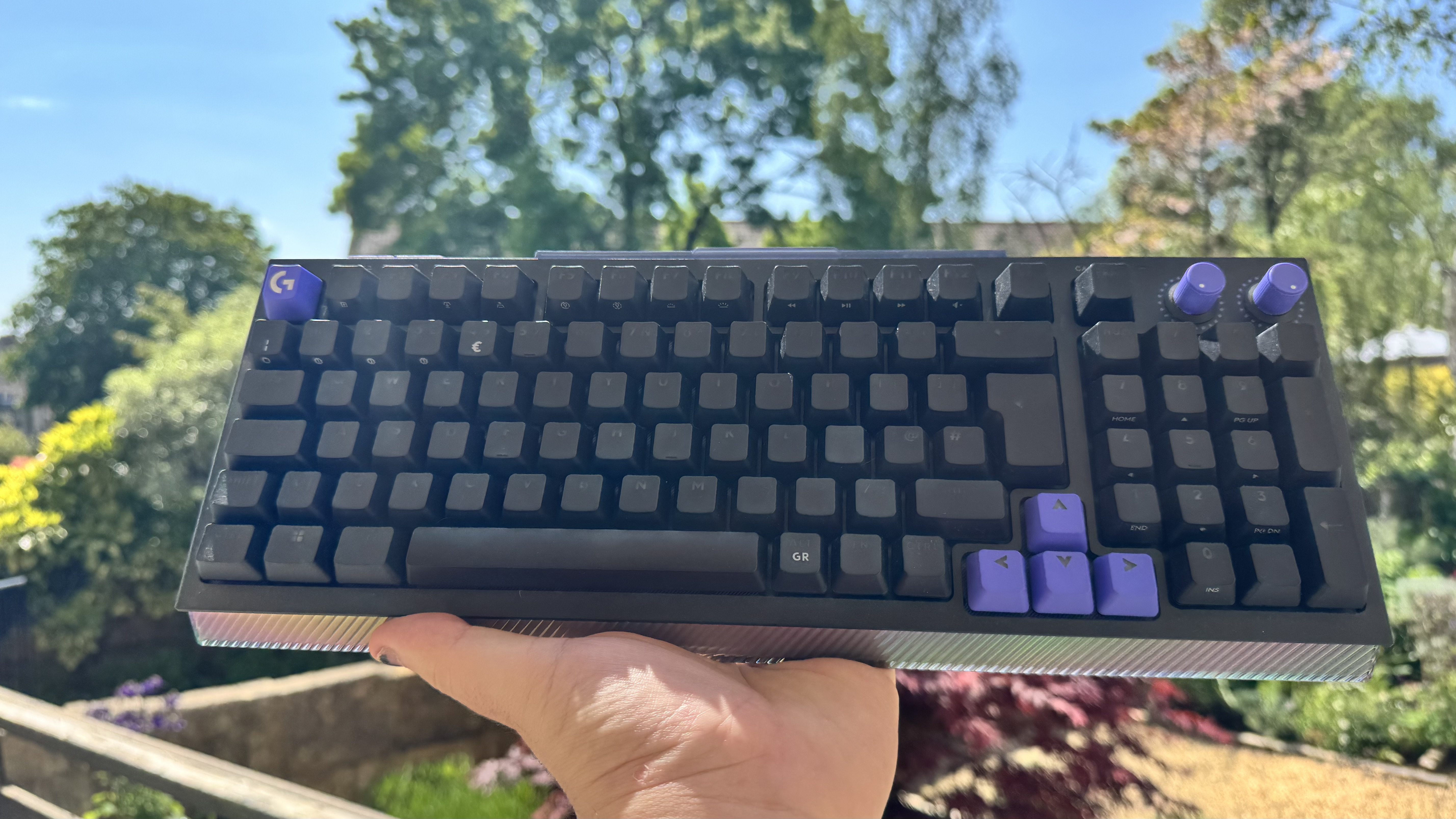 The Logitech G512 X gaming keyboard from the front, outside