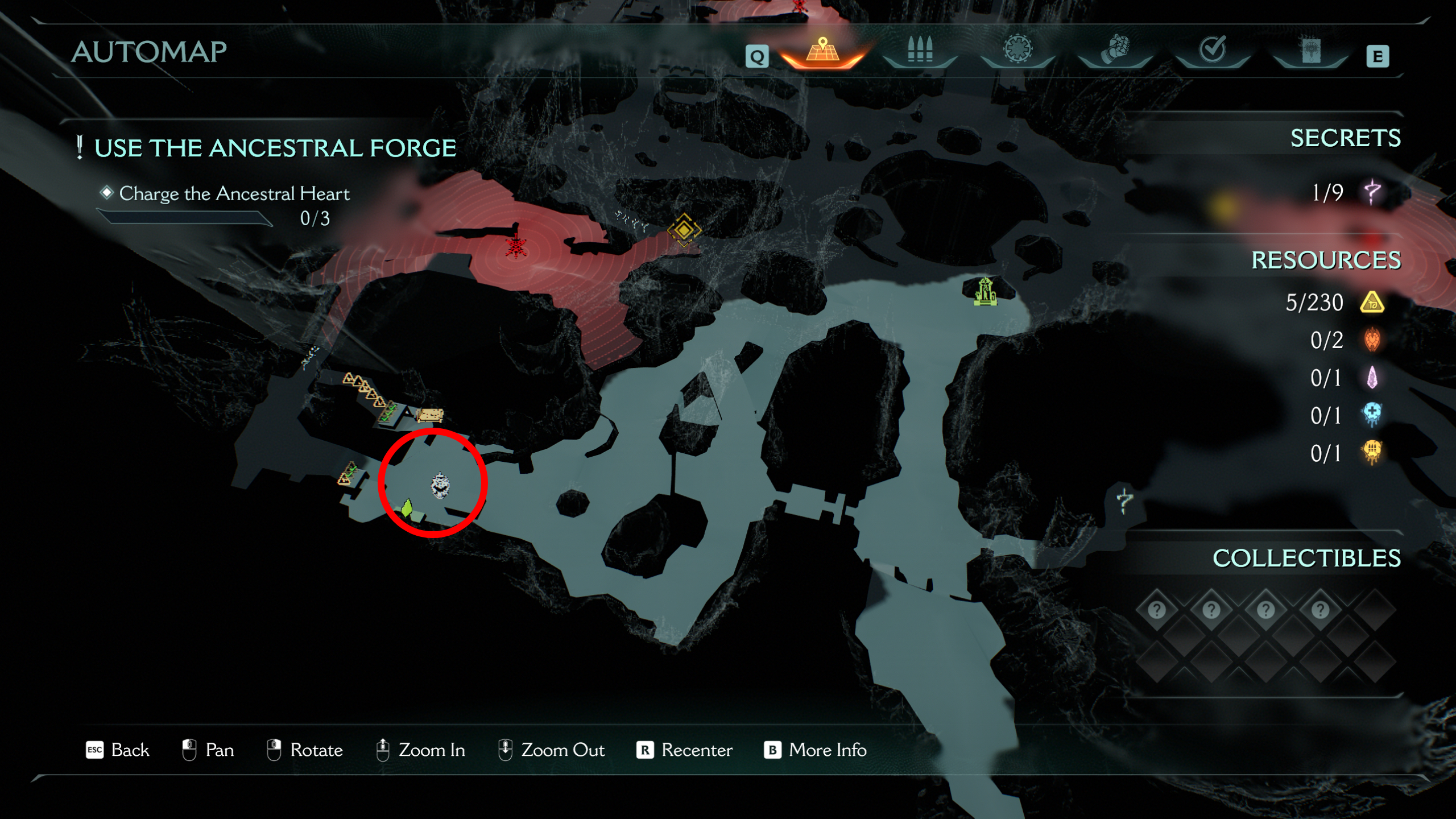 Doom: The Dark Ages Ancestral Forge secrets - A map revealing a life sigil in a large area on the left side of the map, where you'll find a crane.