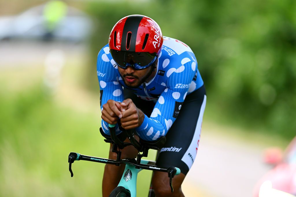 BELMONTDELALOIRE FRANCE JUNE 07 Donavan Grondin of France and Team Arka Samsic Polka dot Mountain Jersey sprints during the 75th Criterium du Dauphine 2023 Stage 4 individual time trial from Cours to BelmontdelaLoire 482m UCIWT on June 07 2023 in BelmontdelaLoire France Photo by Dario BelingheriGetty Images