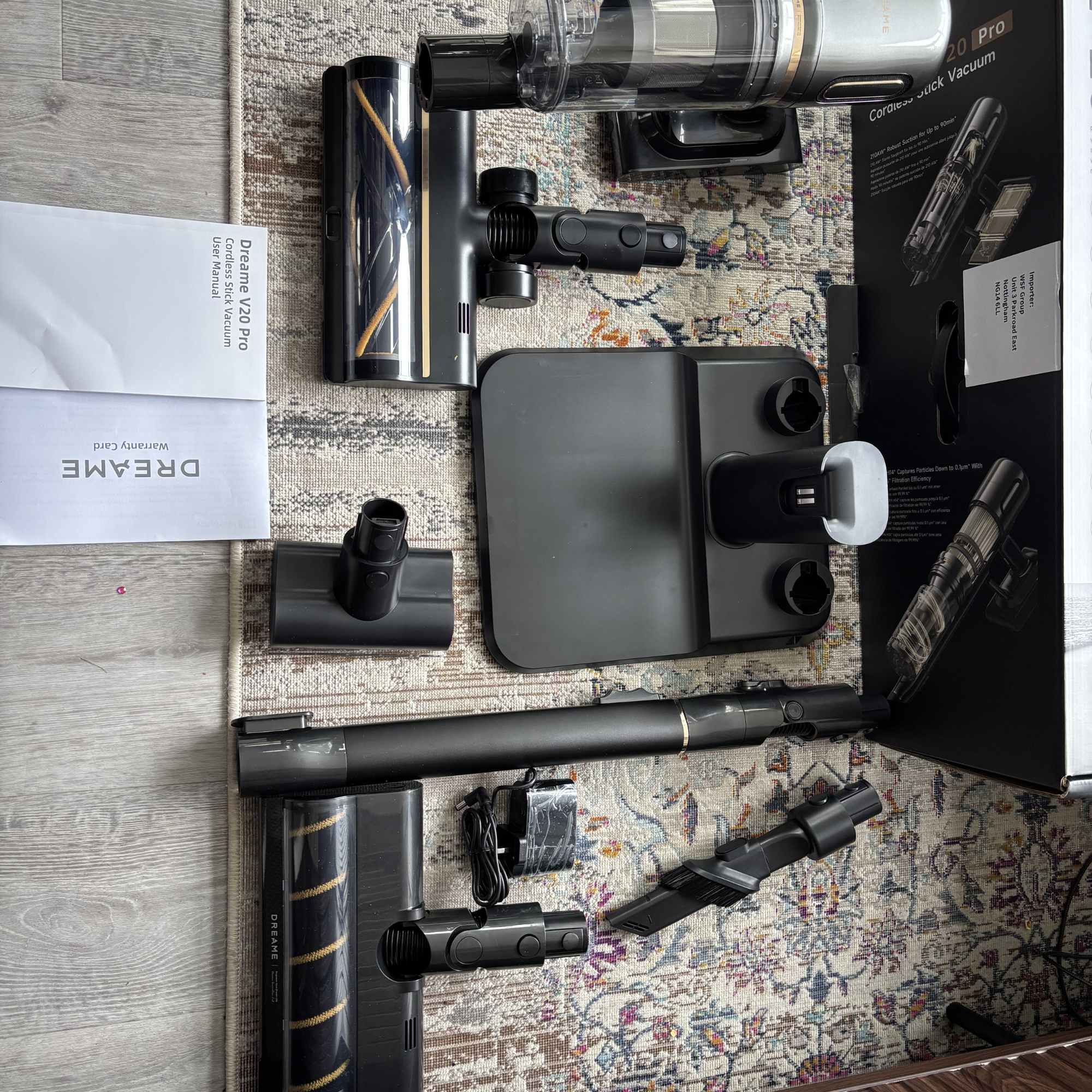 Dreame V20 Pro Cordless Stick Vacuum flatlay of contents
