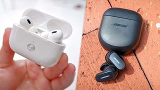 Hero image for best wireless earbuds showing Apple AirPods Pro 2 (on left) and the Bose QuietComfort Earbuds 2 (on right)