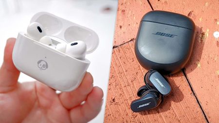 Listing image for best wireless earbuds showing Apple AirPods Pro 2 (on left) and the Bose QuietComfort Earbuds 2 (on right)