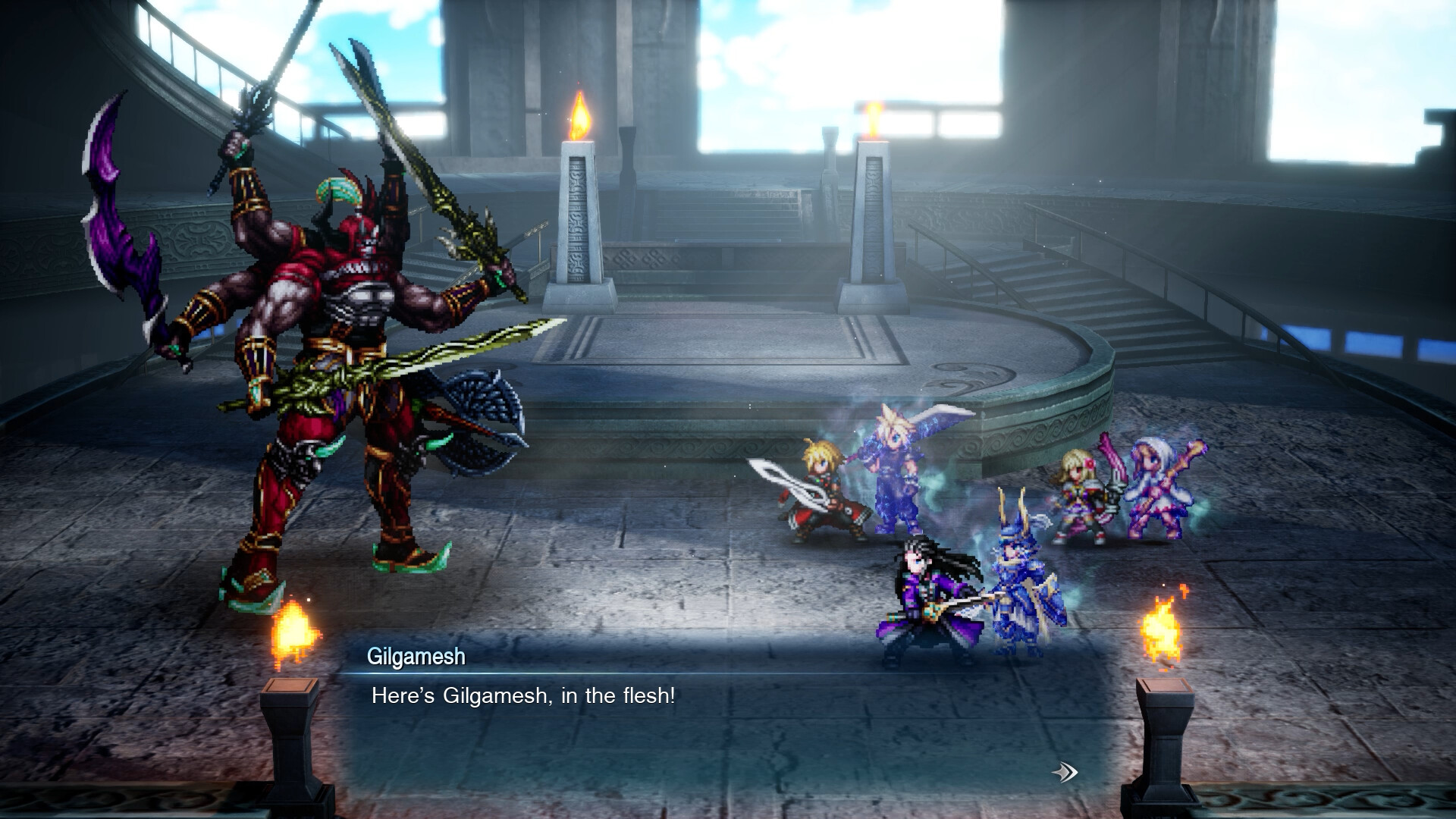 In a dimly lit stone arena, a towering, multi-armed warrior with glowing eyes confronts a group of five armored heroes. Torches illuminate the dramatic scene.