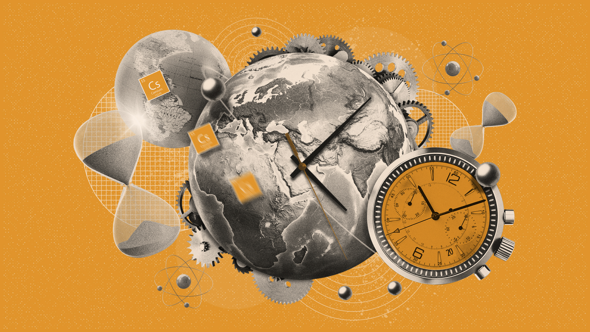 Photo collage illustration of the Earth, a political globe, stopwatch, clock mechanism, sand timer, atomic mode and Cesium symbol