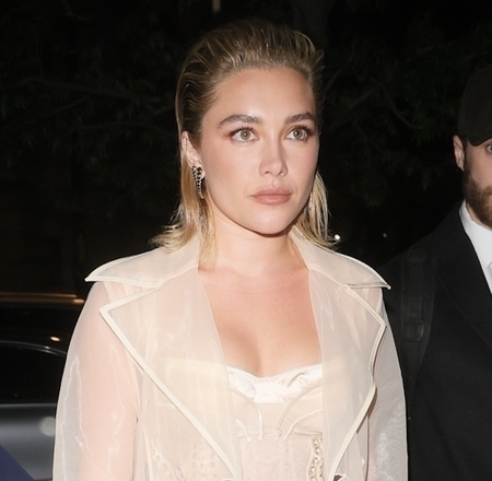 florence pugh pictured arriving at the star-studded afterparty of Marvel's new release "Thunderbolts" in a taupe naked dress