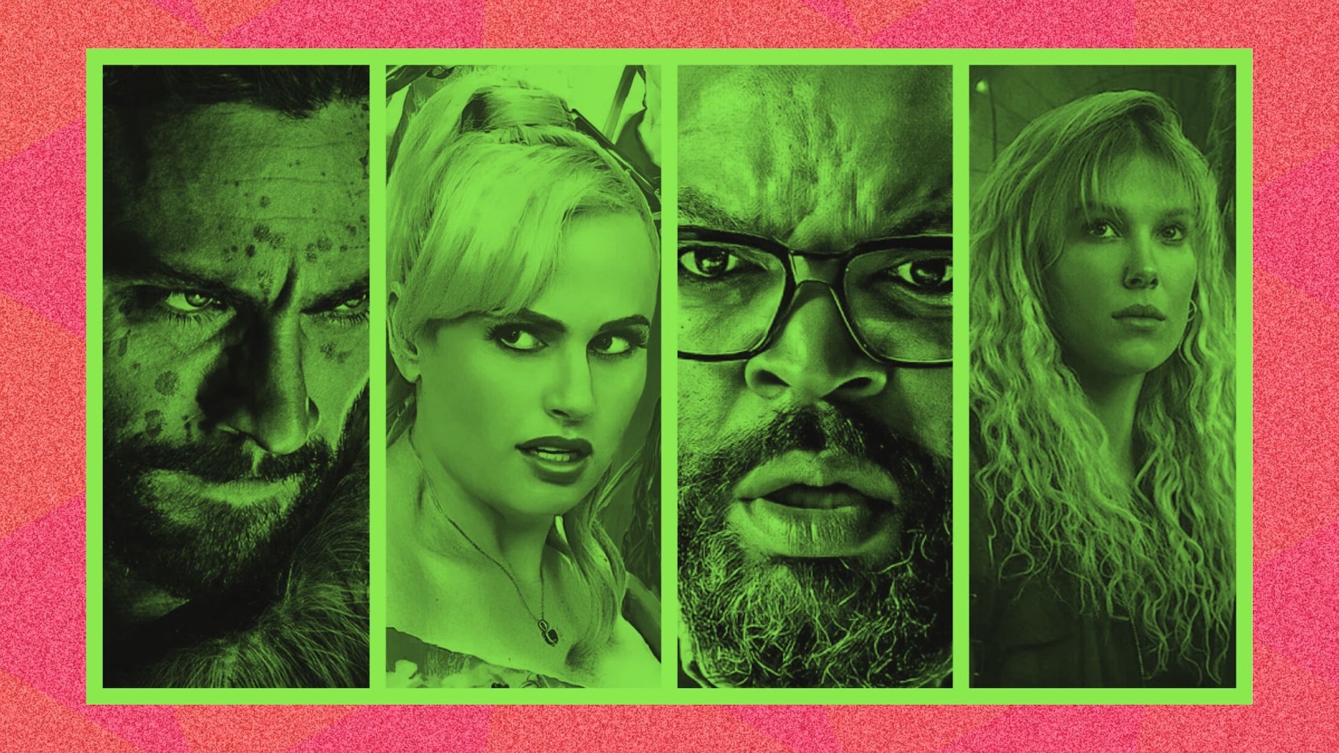 Aaron Taylor-Johnson, Rebel Wilson, Ice Cube and Millie Bobbie Brown sliced together with a green filter over them 