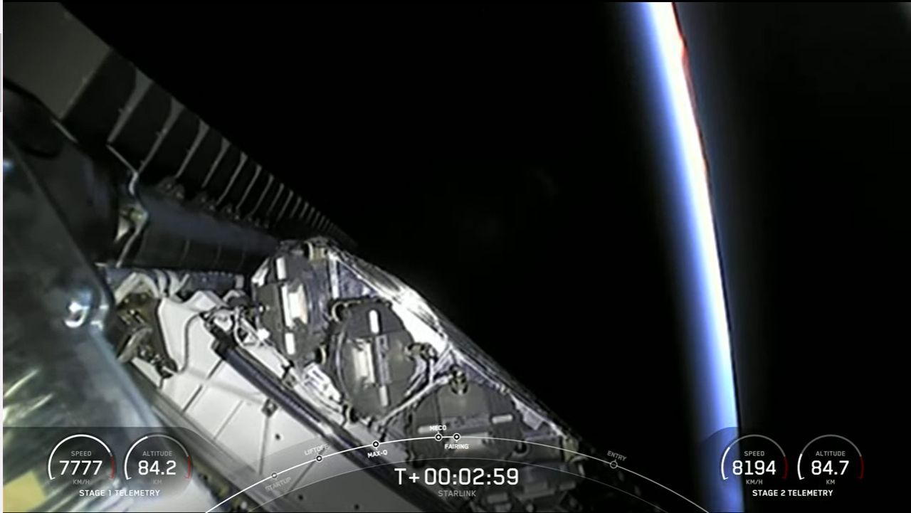 A view of SpaceX's 53 Starlink satellites in their stacked configuration after launching into orbit on May 6, 2022 on the Starlink 4-17 mission.
