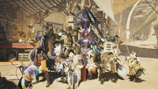 A group of hunters posing together at base camp in Monster Hunter Wilds.