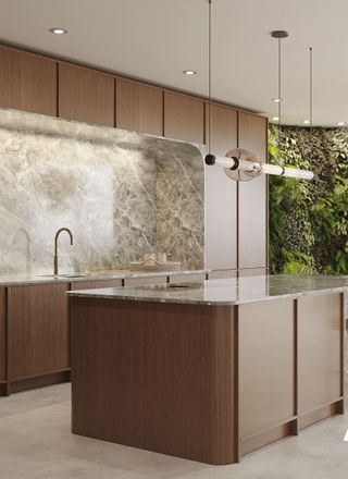 Large dark wooden open plan kitchen with views across london. The kitchen island has a rounded edge and a marble top, which matches the backsplash on the back wall