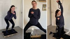 Collage of three images of woman exercising at home platform