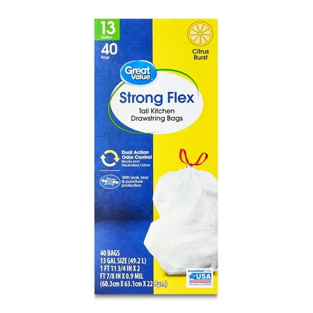 Great Value Strong Flex 13-Gallon Drawstring Tall Kitchen Trash Bags, Citrus Burst, 40 Count