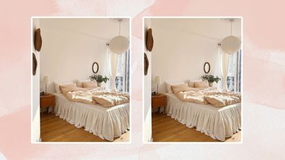 A lifestyle image of a bed with bed skirt on painterly peach background