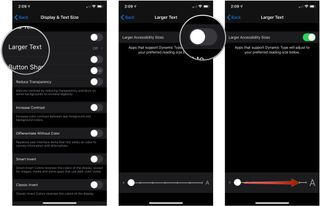 Enlarge text showing how to tap Larger Text, tap the switch for Larger Accessibility Sizes, then drag slider