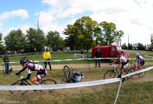 Julie Krasniak (Rapha-Focus) leading after contact with Nicole Duke (on the ground)