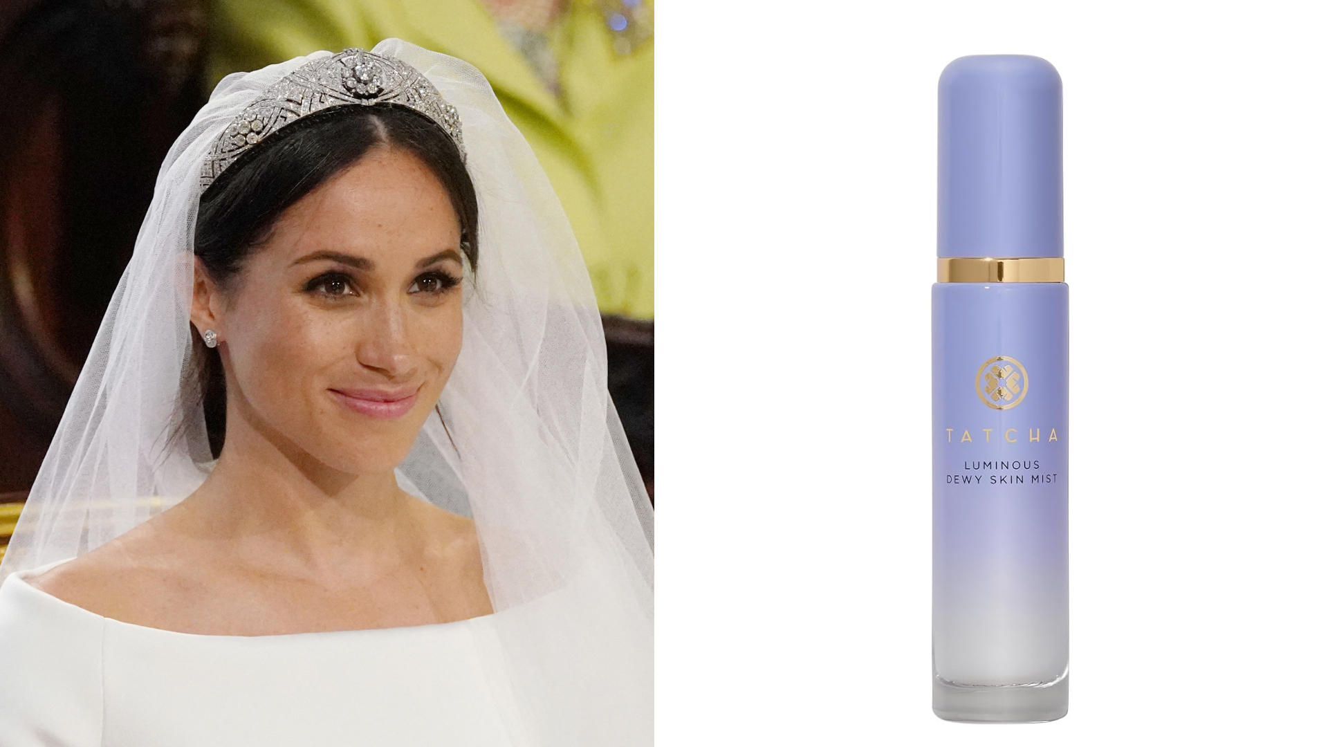 A split image of Meghan Markle smiling on her wedding day and a bottle of Tatcha Dewy Skin Mist
