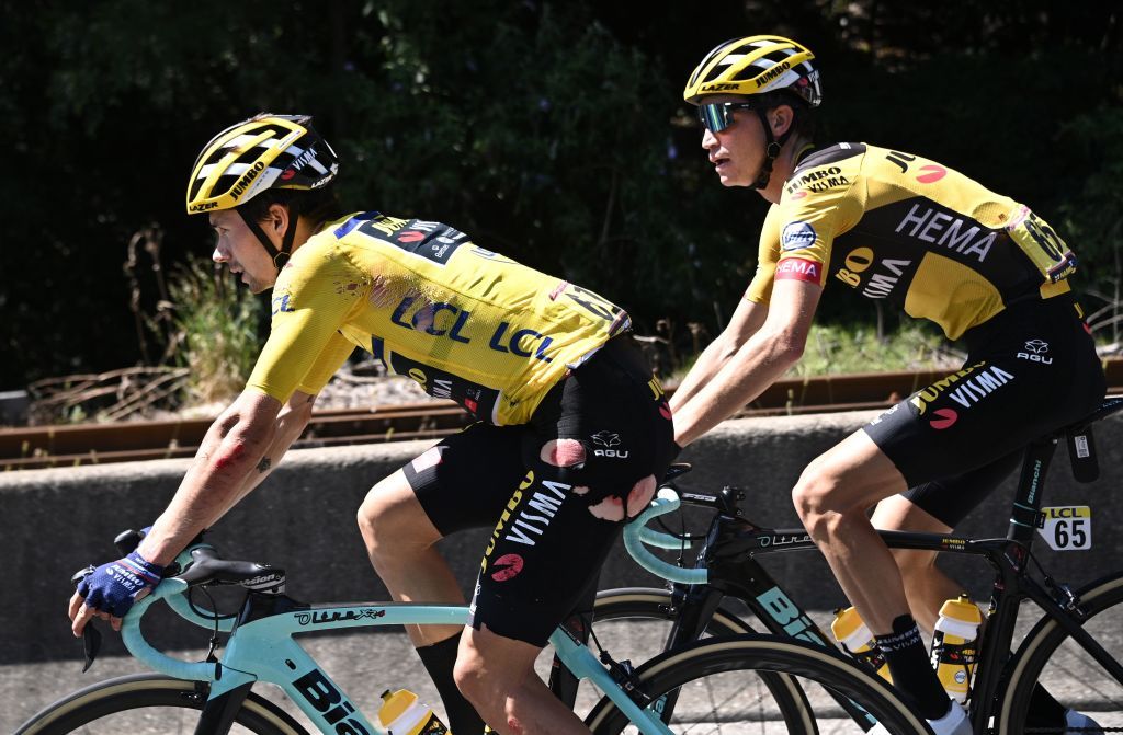 Primoz Roglic suffered road rash in his crash during stage 4 of the Criterium du Dauphine