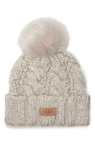 UGGR UGG(R) Cable Knit Beanie with Faux Fur Pom in Light Grey at Nordstrom