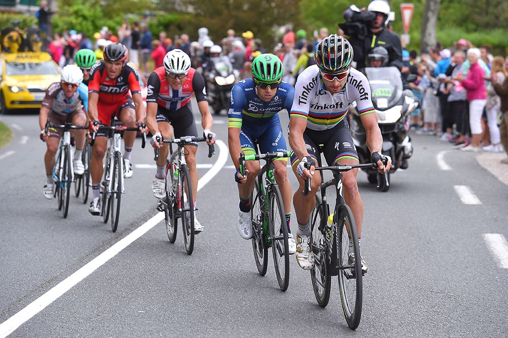 Peter Sagan leads the breakaway in the closing kilometres of stage 10 at the Tour de France.
