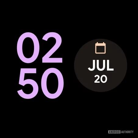 Pixel Watch 2 watch face showing the time and date in stacked layout