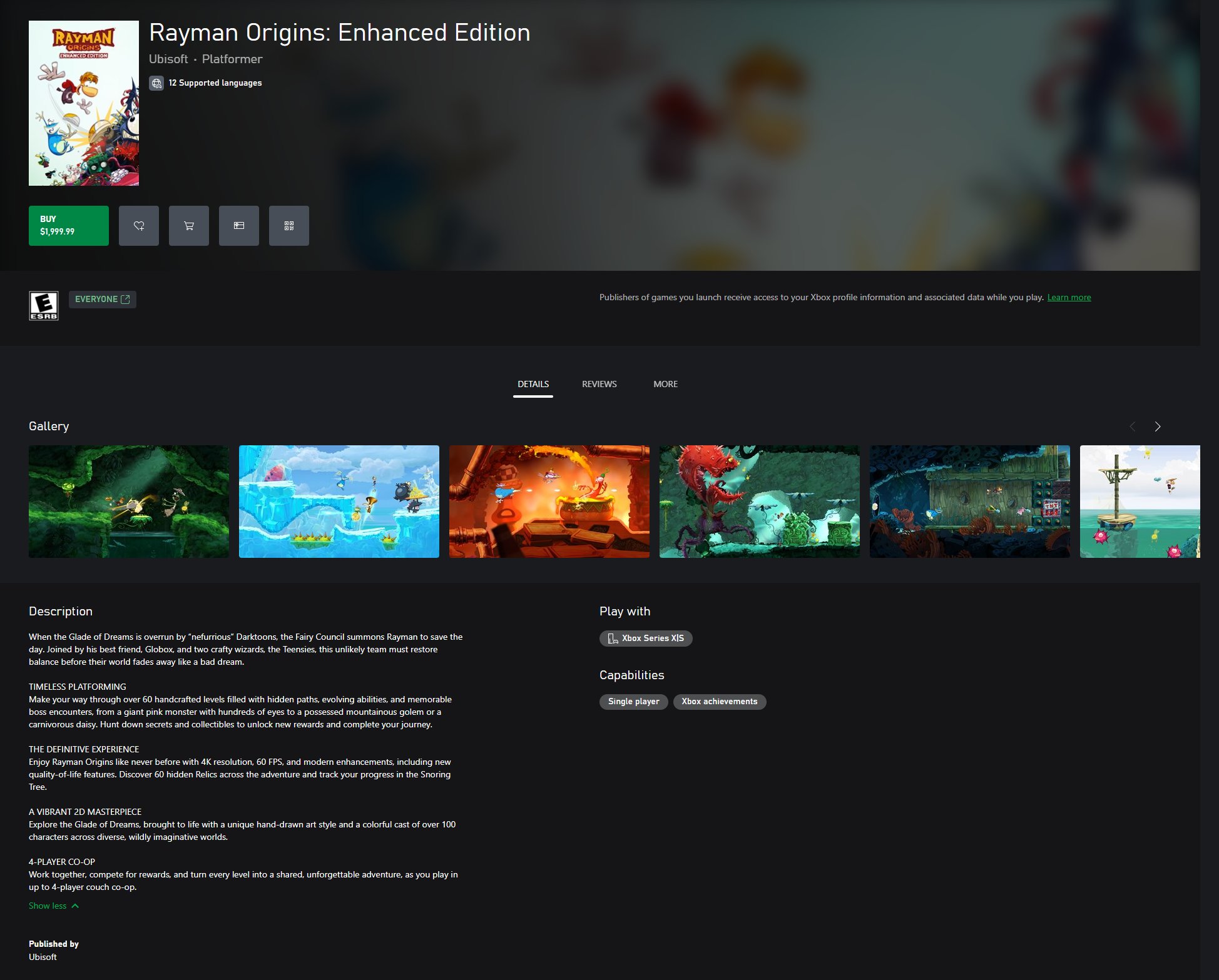 Xbox Store listing for Rayman Origins: Enhanced Edition showing a placeholder $1,999.99 price, game artwork, gallery screenshots, and details like 4K , 60 FPS gameplay, and four-player co-op support.