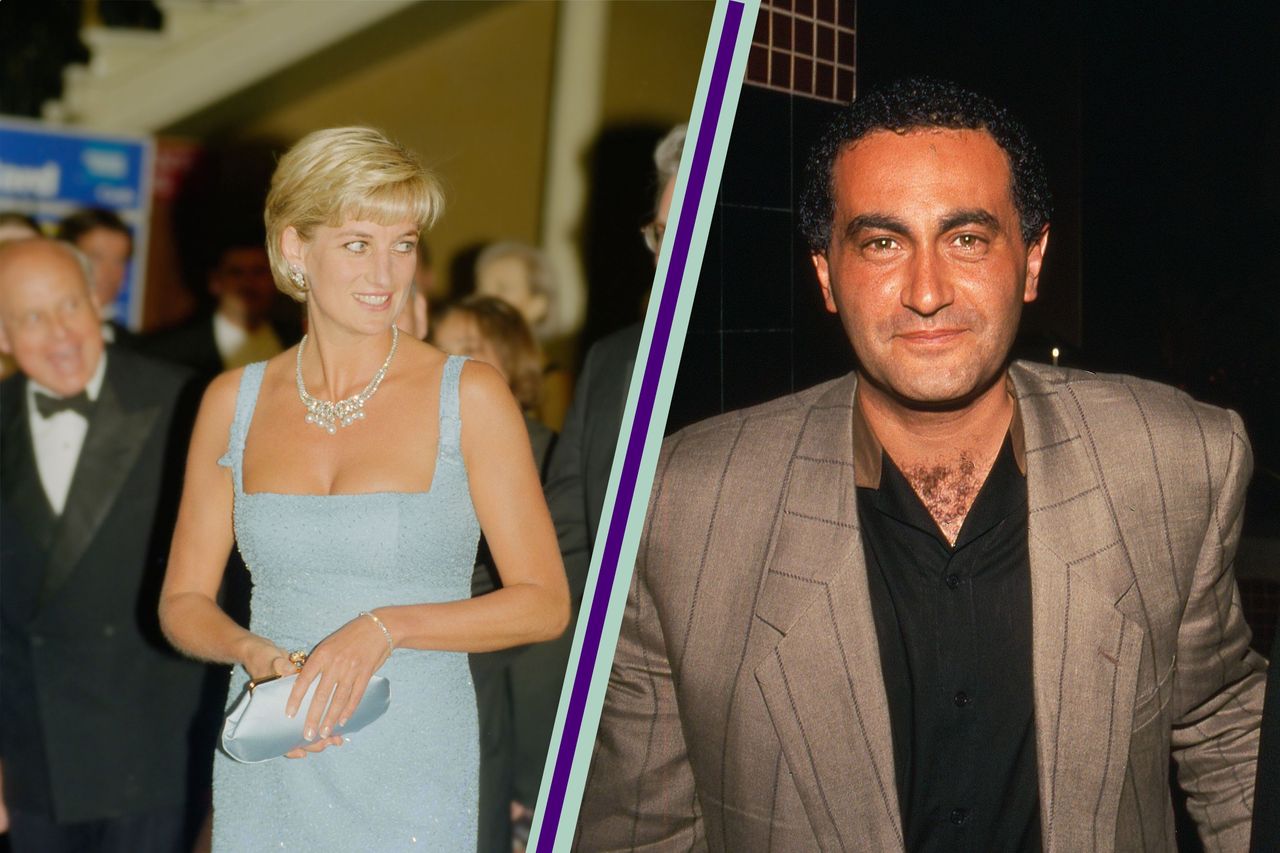 Princess Diana in blue dress, split layout with Dodi Al-Fayed