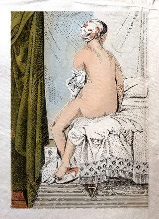 A painting of a naked female with her back to the viewer as she is sat on a chair.