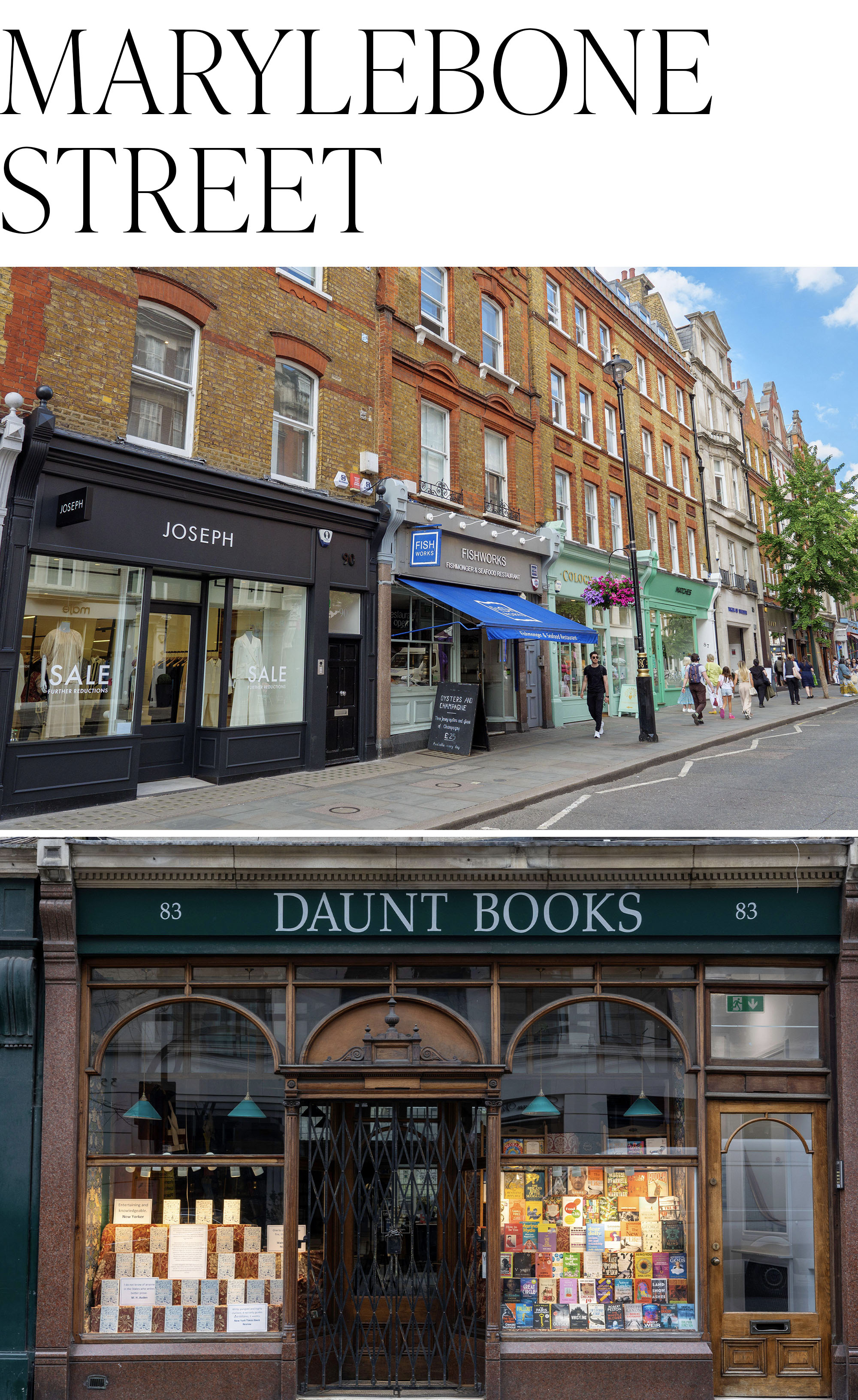 Photos of Maryleborne street in London.