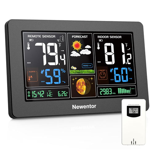 Newentor weather station home display and sensor on a white background.