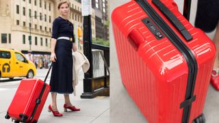 Hand luggage, Suitcase, Red, Baggage, Orange, Luggage and bags, Travel, Bag, Automotive design, Street fashion,