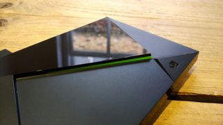 A closer look at the Nvidia Shield TV Pro, with its angular shape and green detailing