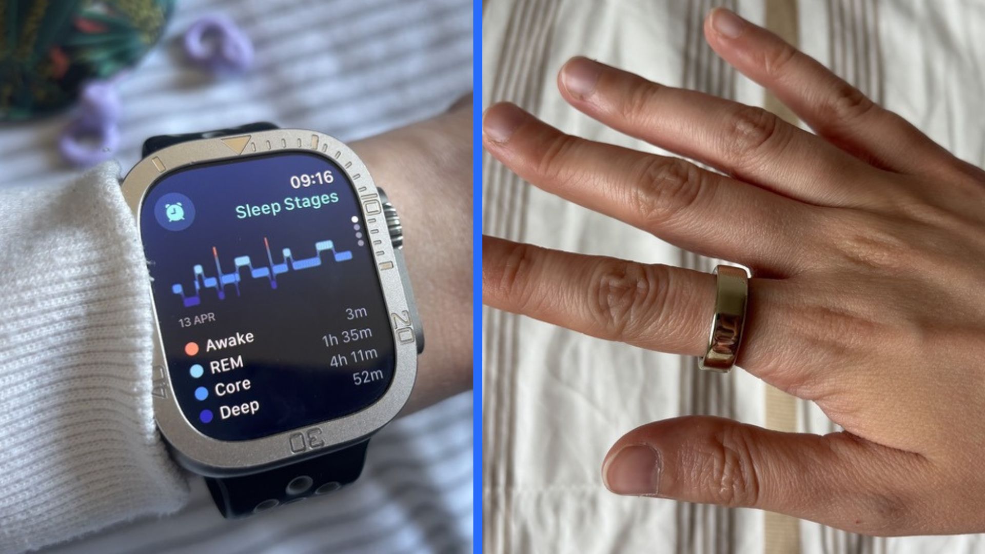 A split screen of an Apple Watch Ultra and an Oura Ring 5 being worn on a woman's wrist and index finger.