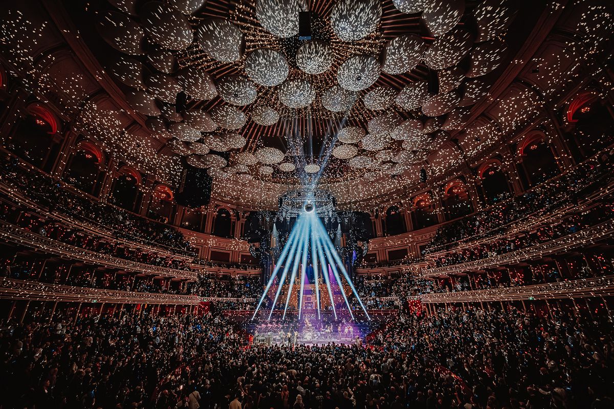 Photograph of The Brand New Heavies at London's Royal Albert Hall, by Luke Dyson. The venue was transformed by a canopy of mirror-ball reflections, all from one mirror ball, to look like a night sky.