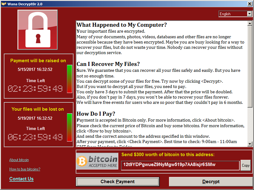The WannaCry ransomware worm ransomware note, telling the user that their computer is infected, their files are encrypted and to gain access to their files they must pay a ransom