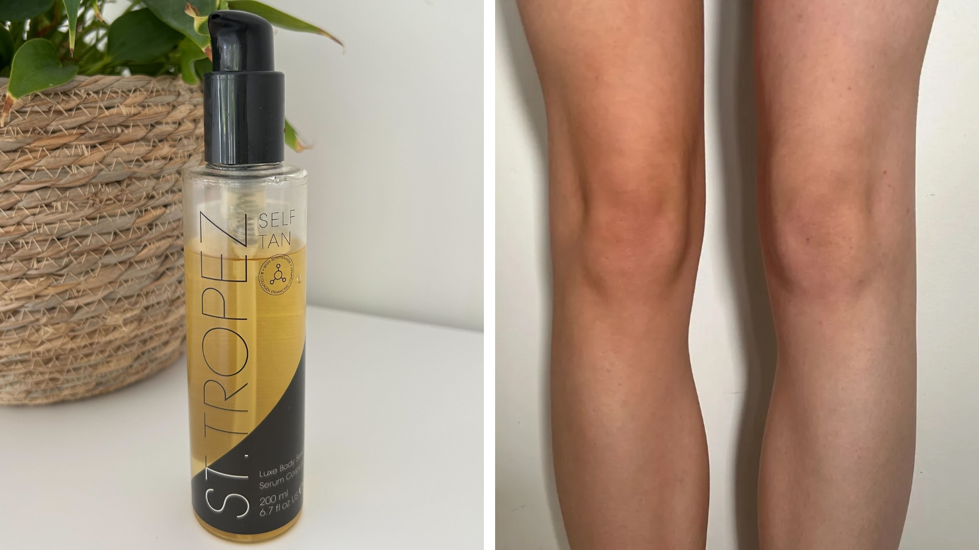 (L-R) Image of St Tropez Luxe Body Serum bottle in front of green plant with rattan pot and our tester showing the left leg with the tan on and right without